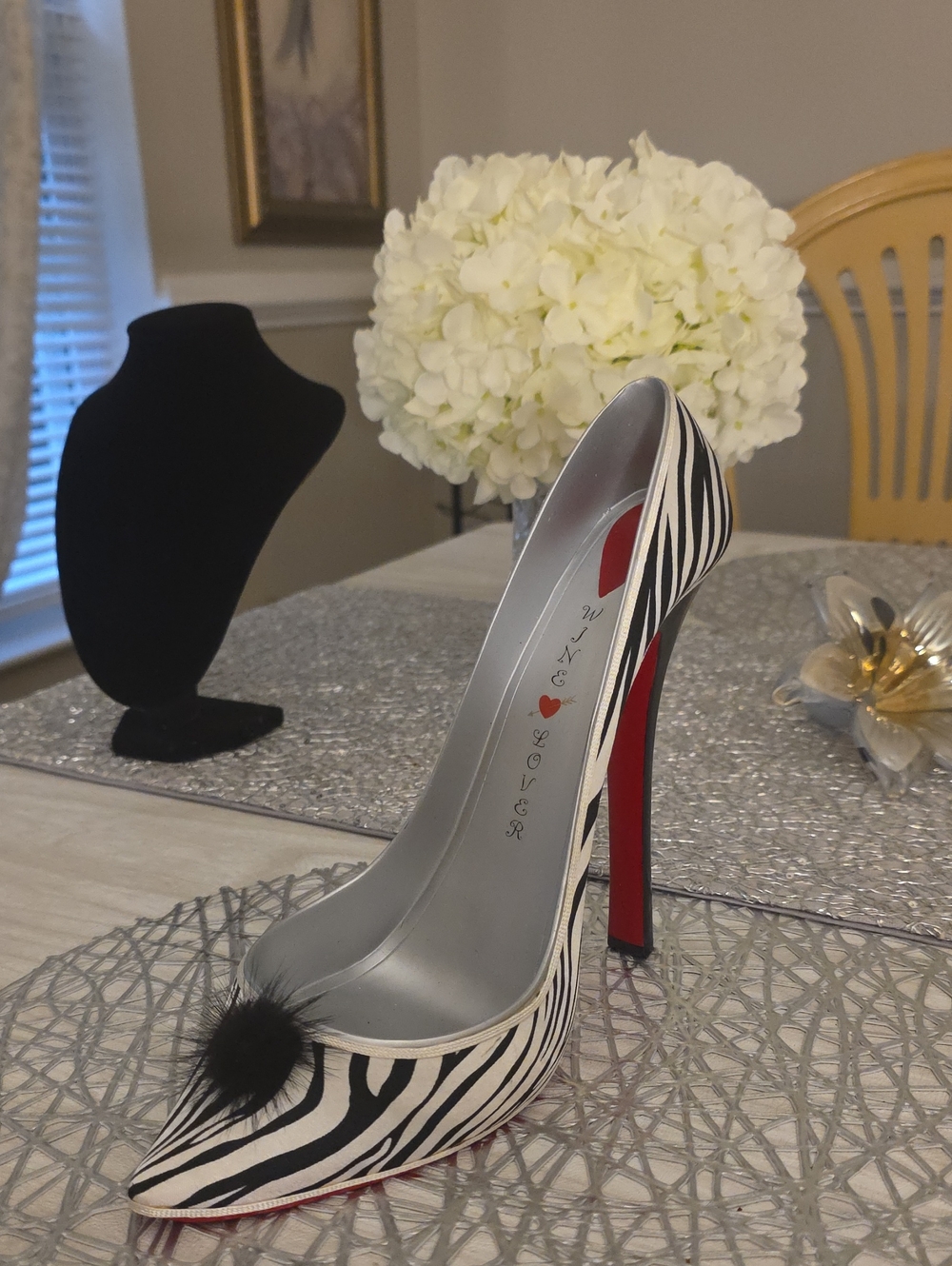 Zebra-Print Pointed Toe Stiletto Pump with Red Sole - Black & White